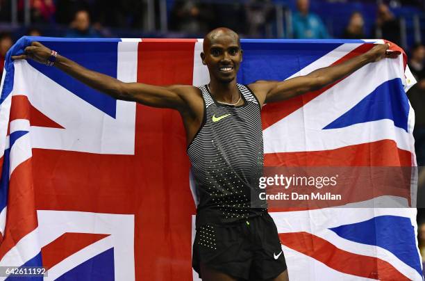 Sir Mo Farah of Great Britain celebrates winning the Mens 5000 metres final during the Muller Indoor Grand Prix 2017 at Barclaycard Arena on...