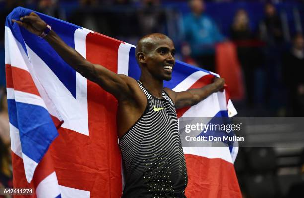 Sir Mo Farah of Great Britain celebrates winning the Mens 5000 metres final during the Muller Indoor Grand Prix 2017 at Barclaycard Arena on...