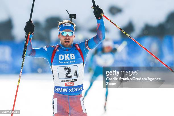 Anton Shipulin of Russia wins the gold medal during the IBU Biathlon World Championships Men's Relay on February 18, 2017 in Hochfilzen, Austria.