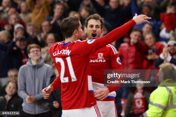 Cristhian Stuani of Middlesbrough celebrates scoring his sides third goal with Gaston Ramirez of Middlesbrough during The Emirates FA Cup Fifth Round...