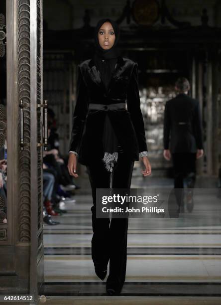 Model walks the runway at the Malan Breton show at Fashion Scout during the London Fashion Week February 2017 collections on February 18, 2017 in...