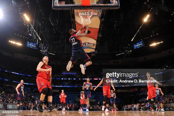 Jonathon Simmons of the USA Team attempts a reverse dunk against the World Team during the BBVA Compass Rising Stars Challenge as part of 2017...
