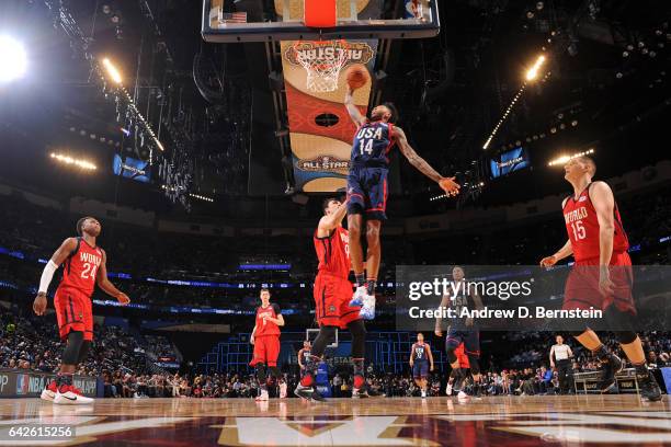 Brandon Ingram of the USA Team drives to the basket against the World Team during the BBVA Compass Rising Stars Challenge as part of 2017 All-Star...