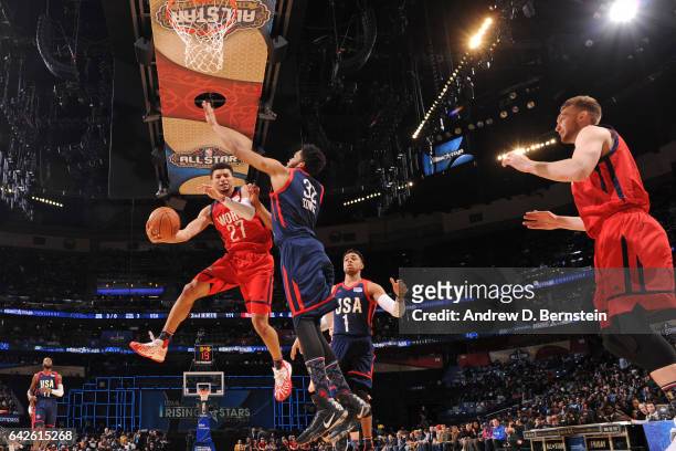 Jamal Murray of the World Team makes a pass against the USA Team during the BBVA Compass Rising Stars Challenge as part of 2017 All-Star Weekend at...