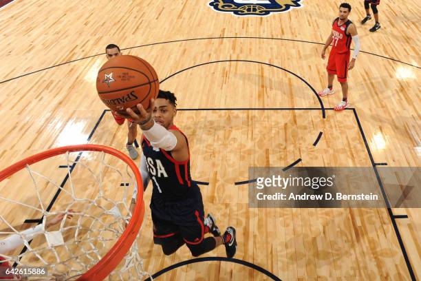 Angelo Russell of the USA Team drives to the basket against the World Team during the BBVA Compass Rising Stars Challenge as part of 2017 All-Star...