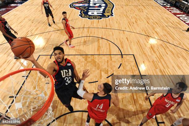 Myles Turner of the USA Team drives to the basket against the World Team during the BBVA Compass Rising Stars Challenge as part of 2017 All-Star...