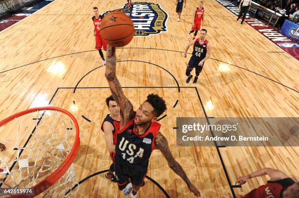 Brandon Ingram of the USA Team drives to the basket against the World Team during the BBVA Compass Rising Stars Challenge as part of 2017 All-Star...