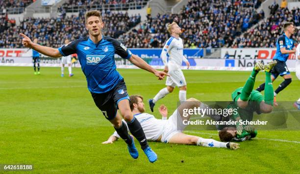 Andrej Kramaric of Hoffenheim celebrates the first goal for his team during the Bundesliga match between TSG 1899 Hoffenheim and SV Darmstadt 98 at...