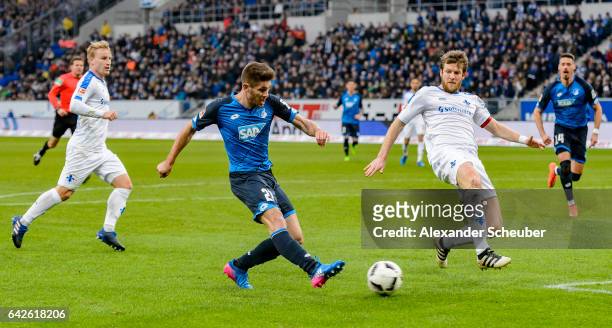 Andrej Kramaric of Hoffenheim scores the first goal for his team during the Bundesliga match between TSG 1899 Hoffenheim and SV Darmstadt 98 at...