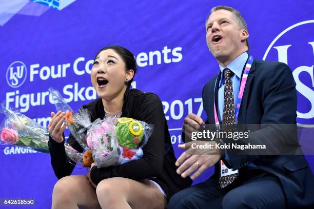 Mirai Nagasu of United States and her coach Tom Zakrajsek react at the kiss and cry after the Ladies Free Skating during ISU Four Continents Figure...