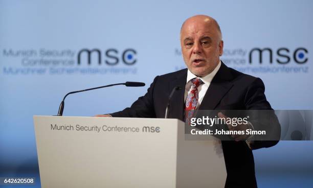 Haider Al-Abadi, prime minister of Iraq delivers a speech at the 2017 Munich Security Conference on February 18, 2017 in Munich, Germany. The 2017...