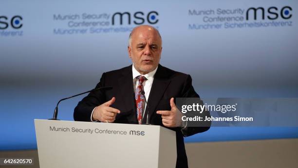 Haider Al-Abadi, prime minister of Iraq delivers a speech at the 2017 Munich Security Conference on February 18, 2017 in Munich, Germany. The 2017...