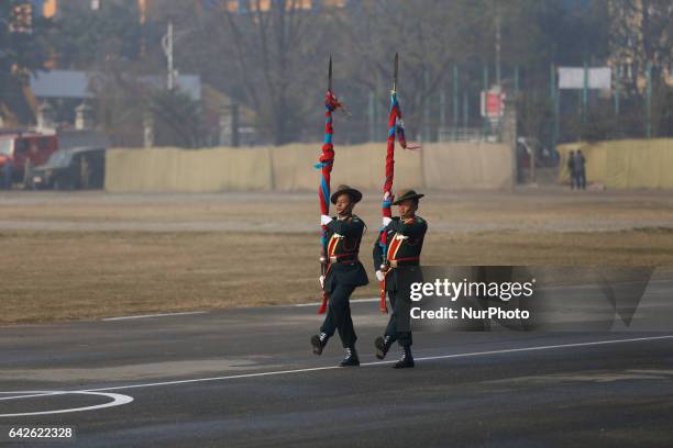 Nepalese army soldiers take part in the Democracy Day parade in Kathmandu, Nepal, February 18, 2017. The 67th Democracy Day was being observed...