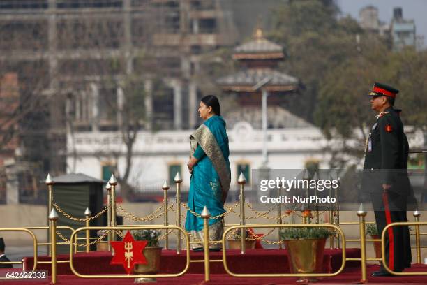 Nepalese President Bidaya Devi Bhandari receives the guard of honor during a parade to mark the Democracy Day in Kathmandu, Nepal, February 18, 2017....