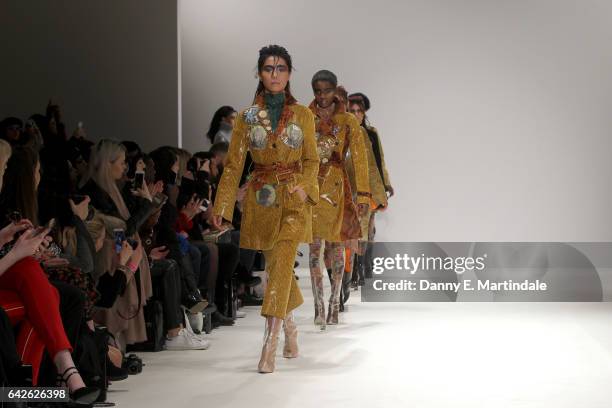 Models walk the runway at the Dan La Vie show at Fashion Scout during the London Fashion Week February 2017 collections on February 18, 2017 in...