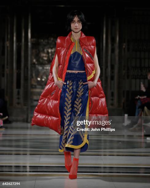 Model walks the runway at the Merit Award Winner Katie Ann McGuigan show at Fashion Scout during the London Fashion Week February 2017 collections on...