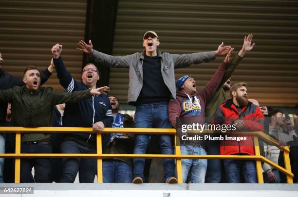 Millwall fans celebrate after The Emirates FA Cup Fifth Round tie between Millwall and Leicester City at The Den on February 18, 2017 in London,...