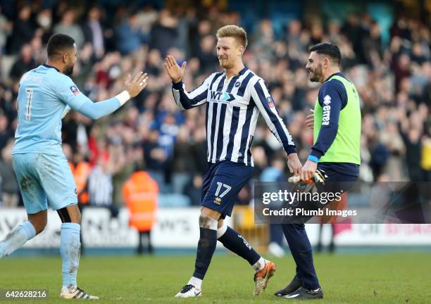 Byron Webster, Tom King and Jordan Archer of Millwall celebrate after The Emirates FA Cup Fifth Round tie between Millwall and Leicester City at The...