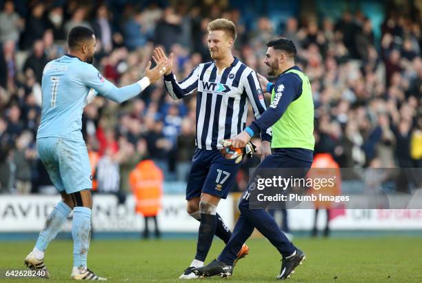 Byron Webster, Tom King and Jordan Archer of Millwall celebrate after The Emirates FA Cup Fifth Round tie between Millwall and Leicester City at The...