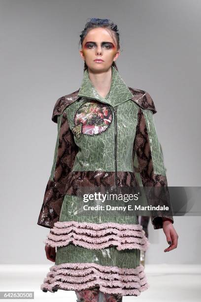 Model walks the runway at the Dan La Vie show at Fashion Scout during the London Fashion Week February 2017 collections on February 18, 2017 in...