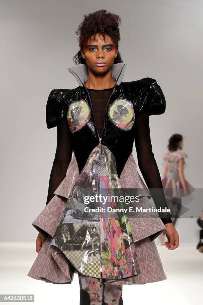 Model walks the runway at the Dan La Vie show at Fashion Scout during the London Fashion Week February 2017 collections on February 18, 2017 in...