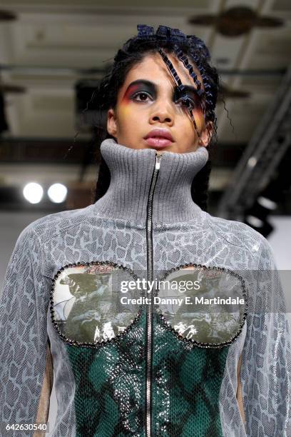 Model walks the runway at the Dan La Vie show at Fashion Scout during the London Fashion Week February 2017 collections on February 18, 2017 in...