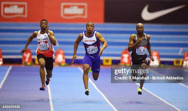 John Otugade of Great Britain, Chijindu Ujah of Great Britain and Kin Collins of St Kitts and Nevis compete in the Men's 60m heats during the Muller...