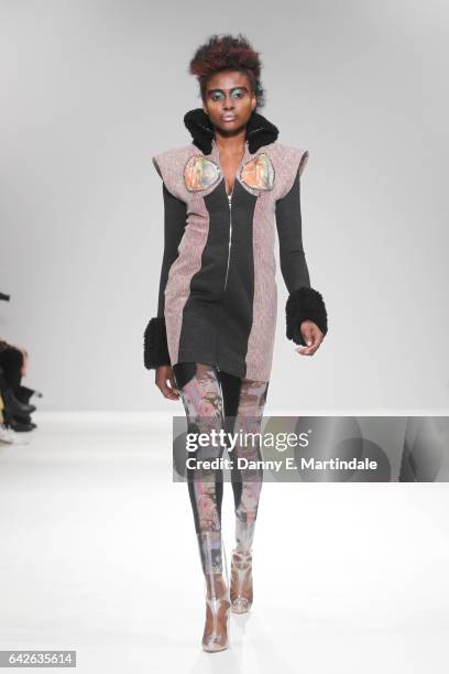 Model walks the runway at the Dan La Vie show at Fashion Scout during the London Fashion Week February 2017 collections on February 18, 2017 in...