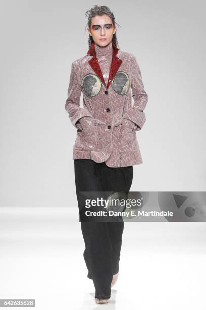 Model walks the runway at the Dan La Vie show at Fashion Scout during the London Fashion Week February 2017 collections on February 18, 2017 in...