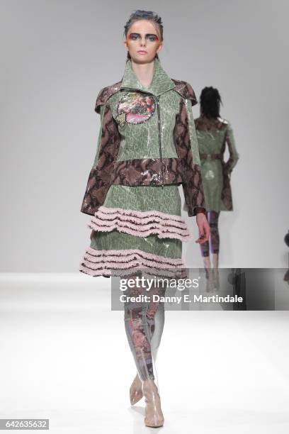 Model walks the runway at the Dan La Vie show at Fashion Scout during the London Fashion Week February 2017 collections on February 18, 2017 in...