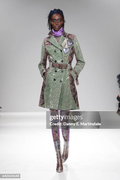 Model walks the runway at the Dan La Vie show at Fashion Scout during the London Fashion Week February 2017 collections on February 18, 2017 in...