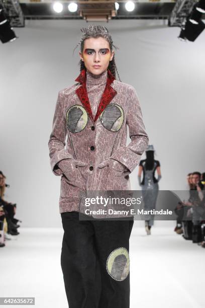 Model walks the runway at the Dan La Vie show at Fashion Scout during the London Fashion Week February 2017 collections on February 18, 2017 in...