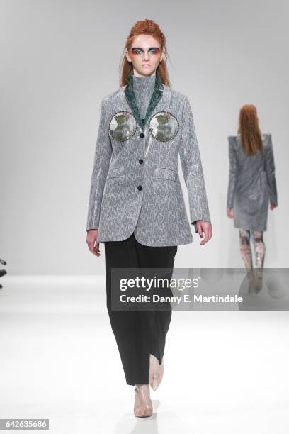 Model walks the runway at the Dan La Vie show at Fashion Scout during the London Fashion Week February 2017 collections on February 18, 2017 in...