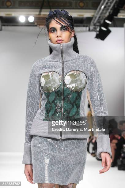 Model walks the runway at the Dan La Vie show at Fashion Scout during the London Fashion Week February 2017 collections on February 18, 2017 in...
