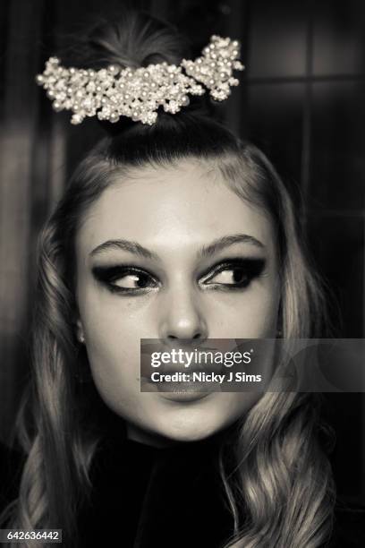 Model backstage ahead of the Limkokwing University show at Fashion Scout during the London Fashion Week February 2017 collections on February 17,...