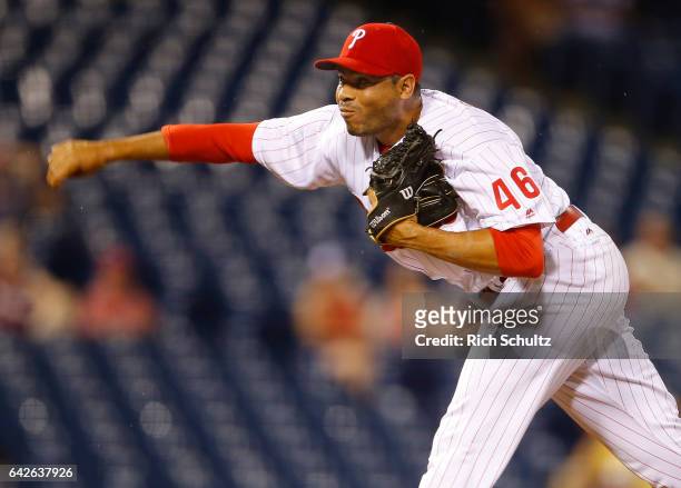 Jeanmar Gomez of the Philadelphia Phillies in action against the Washington Nationals during a game at Citizens Bank Park on August 31, 2016 in...