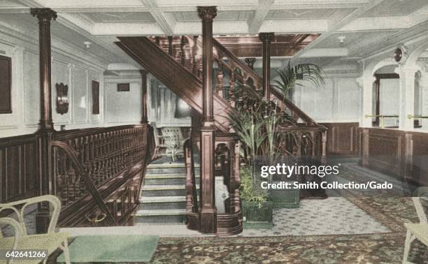 Postcard depicting the entrance and main staircase of the RMS Olympic, 1914. From the New York Public Library. .