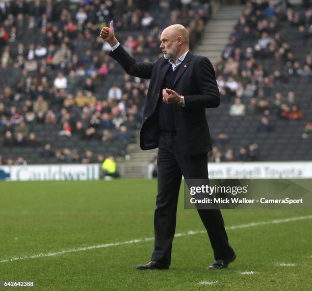 Fleetwood Town's Manager Uwe Rosler gives the thumbs up to his team during the Sky Bet League One match between Milton Keynes Dons and Fleetwood Town...