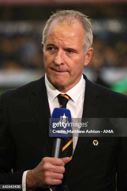 Former Wolves player Steve Bull is interviewed for TV during the Emirates FA Cup Fifth Round match between Wolverhampton Wanderers and Chelsea at...