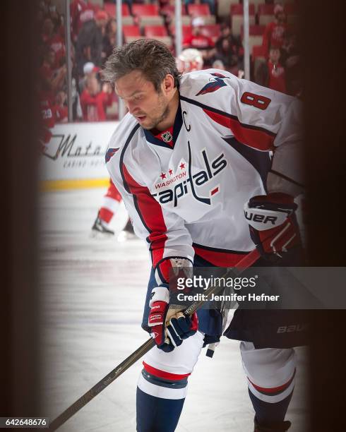 Alex Ovechkin of the Washington Capitals skates in warm-ups prior to an NHL game against the Detroit Red Wings at Joe Louis Arena on February 18,...