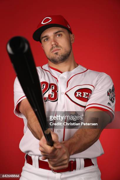 Adam Duvall of the Cincinnati Reds poses for a portait during a MLB photo day at Goodyear Ballpark on February 18, 2017 in Goodyear, Arizona.