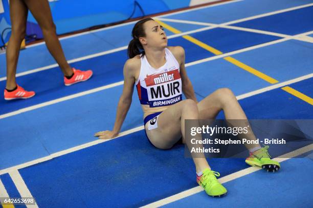 Laura Muir of Great Britain wins the women's 1000m during the Muller Indoor Grand Prix 2017 at the Barclaycard Arena on February 18, 2017 in...