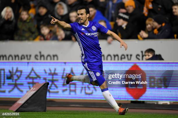 Pedro of Chelsea celebrates scoring his sides first goal during The Emirates FA Cup Fifth Round match between Wolverhampton Wanderers and Chelsea at...