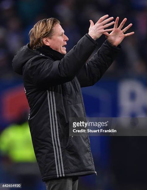 Markus Gisdol, head coach of Hamburg reacts during the Bundesliga match between Hamburger SV and SC Freiburg at Volksparkstadion on February 18, 2017...