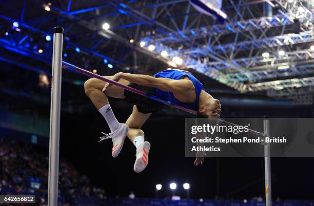 Robbie Grabarz of Great Britain in the mens high jump during the Muller Indoor Grand Prix 2017 at the Barclaycard Arena on February 18, 2017 in...