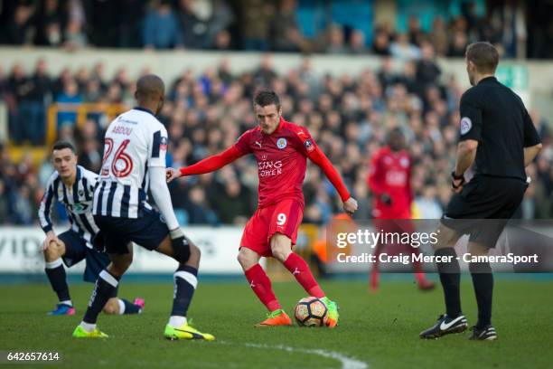 Leicester City's Jamie Vardy has a shot at goal during the Emirates FA Cup Fifth Round match between Millwall v Leicester City at The Den on February...