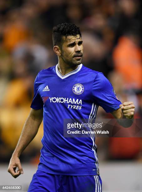 Diego Costa of Chelsea celebrates scoring his sides second goal during The Emirates FA Cup Fifth Round match between Wolverhampton Wanderers and...