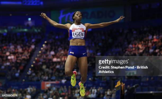 Lorraine Ugen of Great Britain in the women's long jump during the Muller Indoor Grand Prix 2017 at the Barclaycard Arena on February 18, 2017 in...