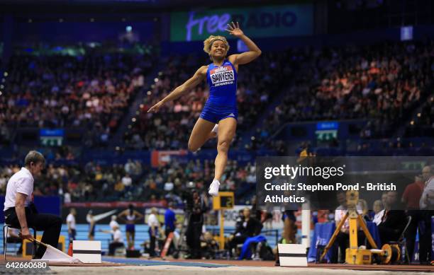 Jazmin Sawyers of Great Britain in the women's long jump during the Muller Indoor Grand Prix 2017 at the Barclaycard Arena on February 18, 2017 in...