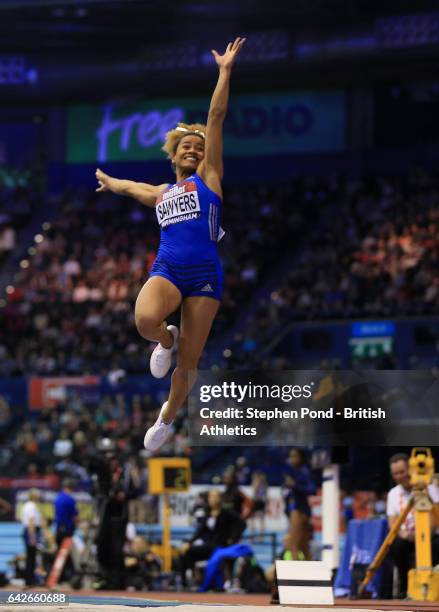 Jazmin Sawyers of Great Britain in the women's long jump during the Muller Indoor Grand Prix 2017 at the Barclaycard Arena on February 18, 2017 in...